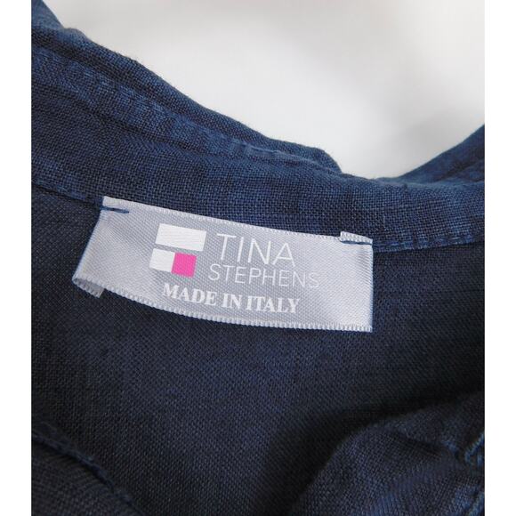 Tina Stephen Women's Navy 100% Linen Long Sleeves Button Down Shirt Top Size OS - Picture 3 of 5